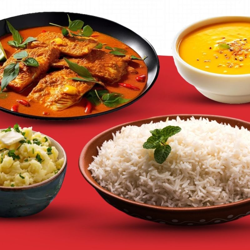 delicious fish curry combo featuring your choice of Rohu, Koi, Koral, Shor Puti, or Rupchanda fish, served with plain rice, daal, and spiced vorta.